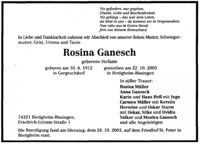 Stefani Rosina 1912-2003 Todesanzeige (1)